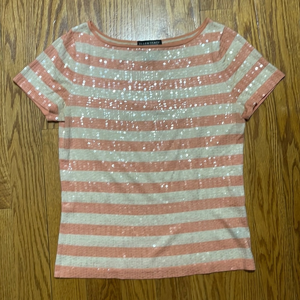 ELLEN TRACY for Neumann Marcus Sequin Cream and Pink short sleeve top size Small - Picture 1 of 4